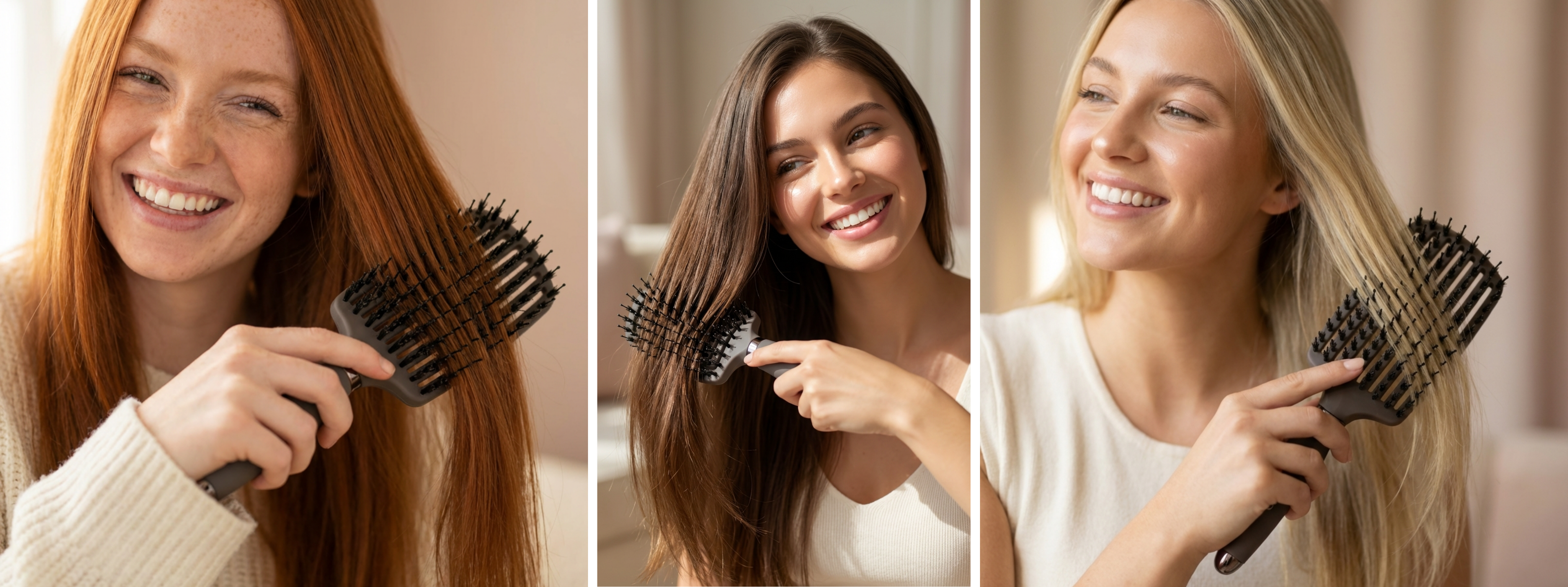 Close-up and lifestyle images of women using the M + C Collective Ultimate Detangler brush to gently detangle and smooth their hair