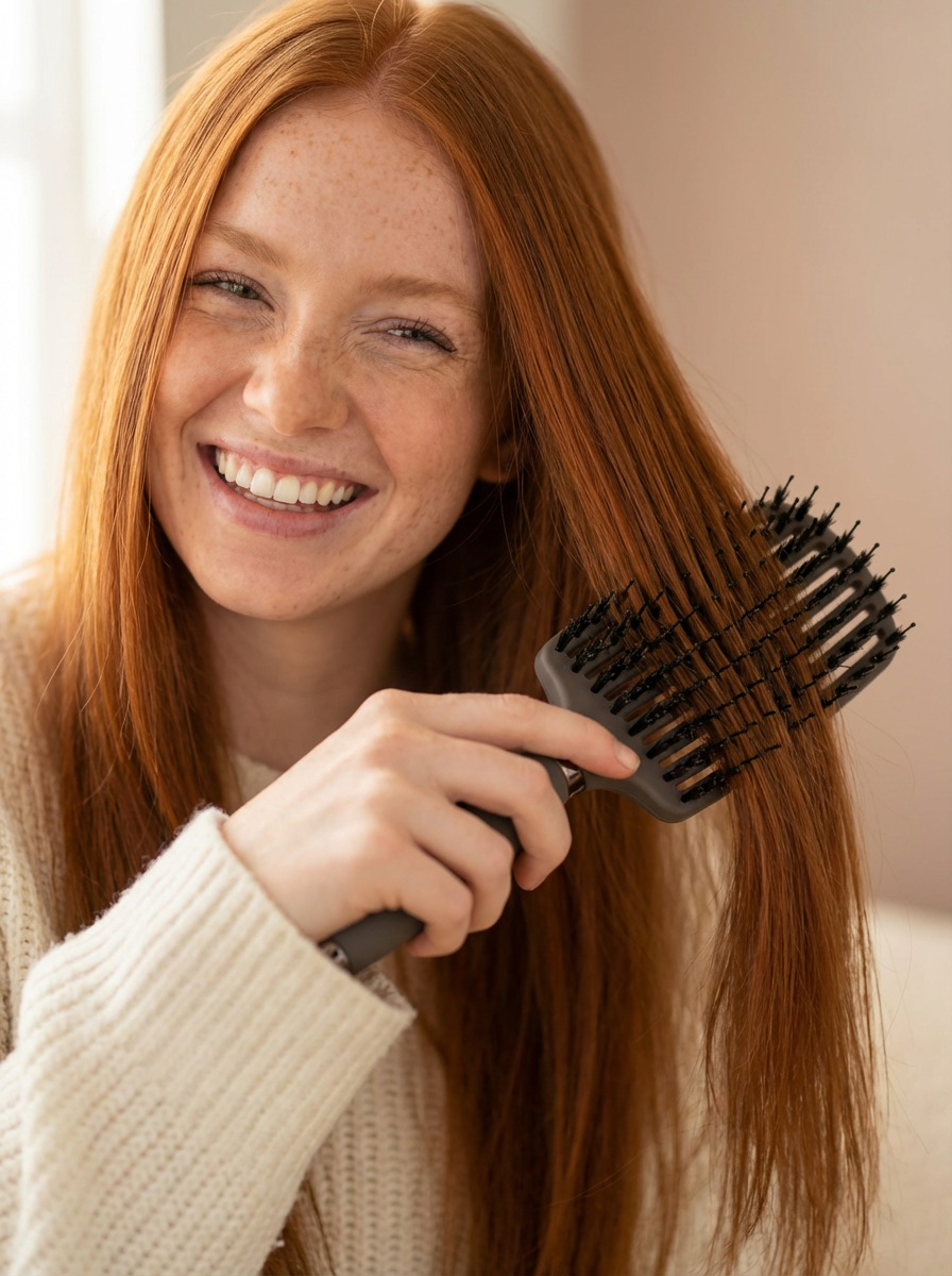 Red-haired woman smiling while brushing her long hair with the M + C Collective Ultimate Detangler brush