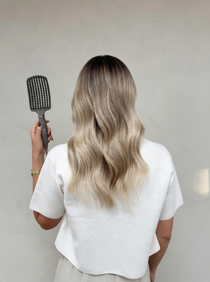 Woman holding the M + C Collective Ultimate Detangler brush with her face out of view